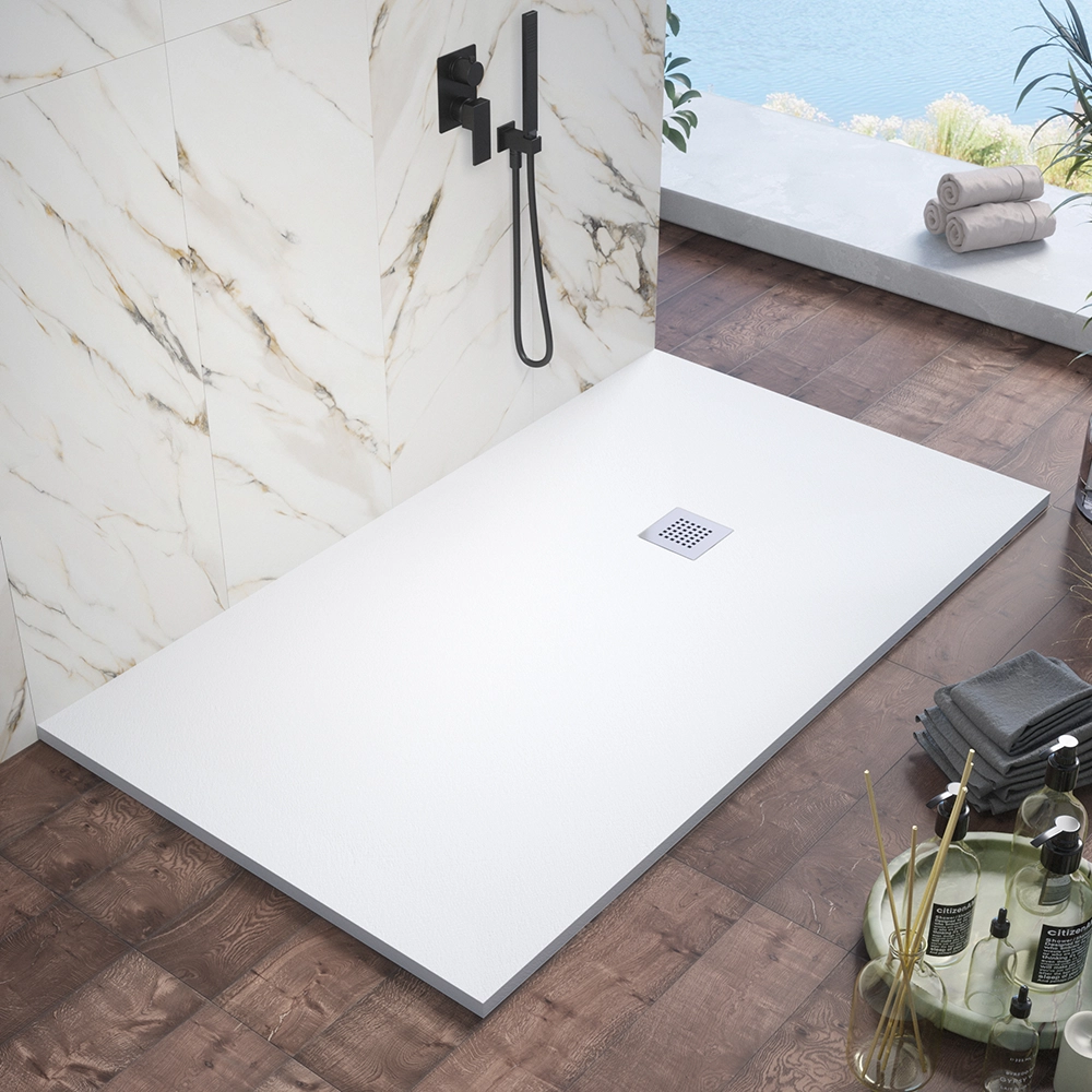 foto del prodotto piatto doccia rettangolare 80x130cm in marmoresina bianco effetto pietra altezza 2,5cm mod. kos