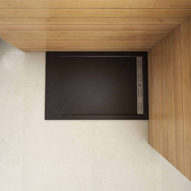 foto del prodotto piatto doccia rettangolare 90x110cm in pietra vulcanica e resina mista finitura pietra nera ruvida ultraslim 3 cm
