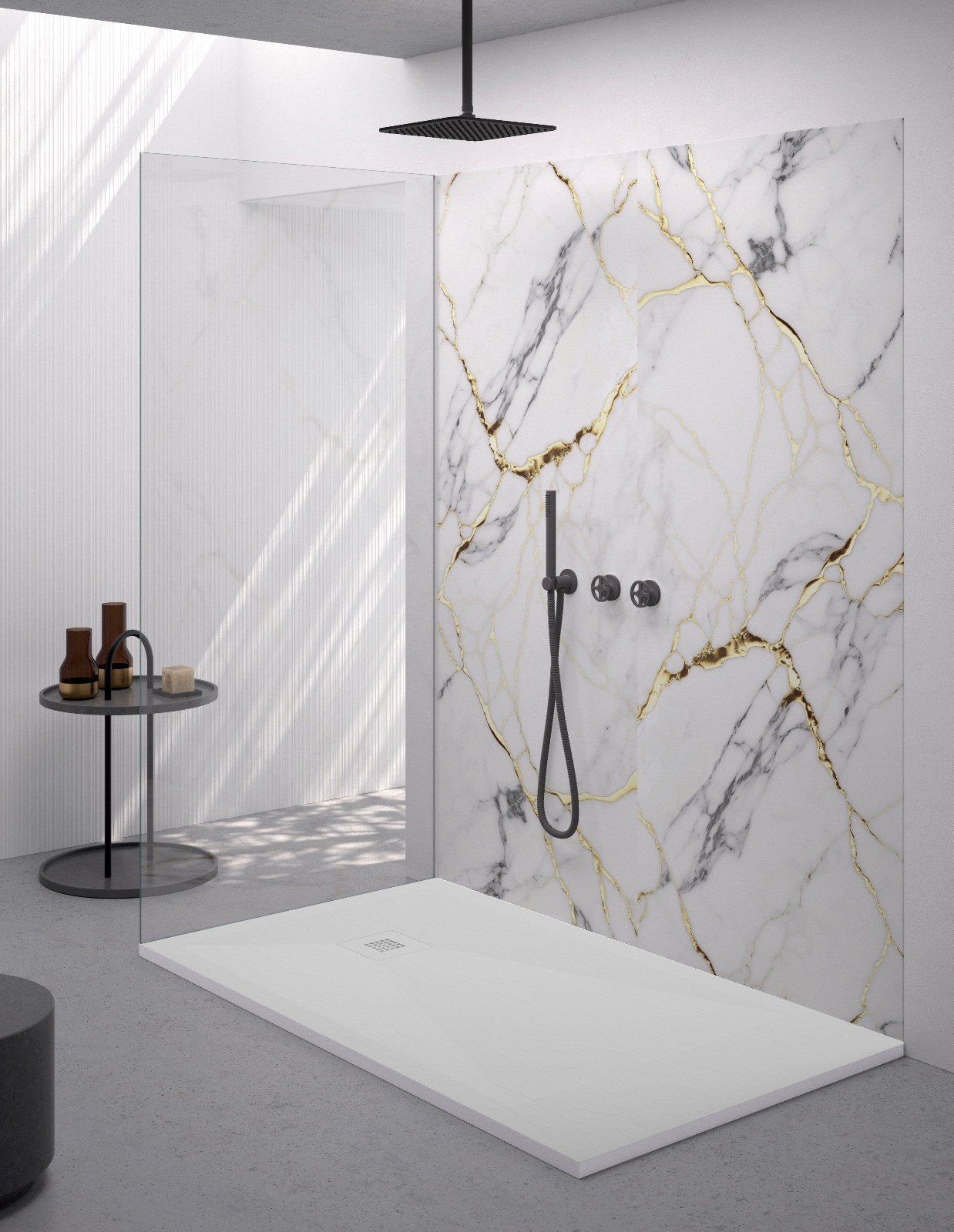 foto del prodotto piatto doccia rettangolare 90x140 cm effetto pietra marmoresina con griglia in tinta bianco asia
