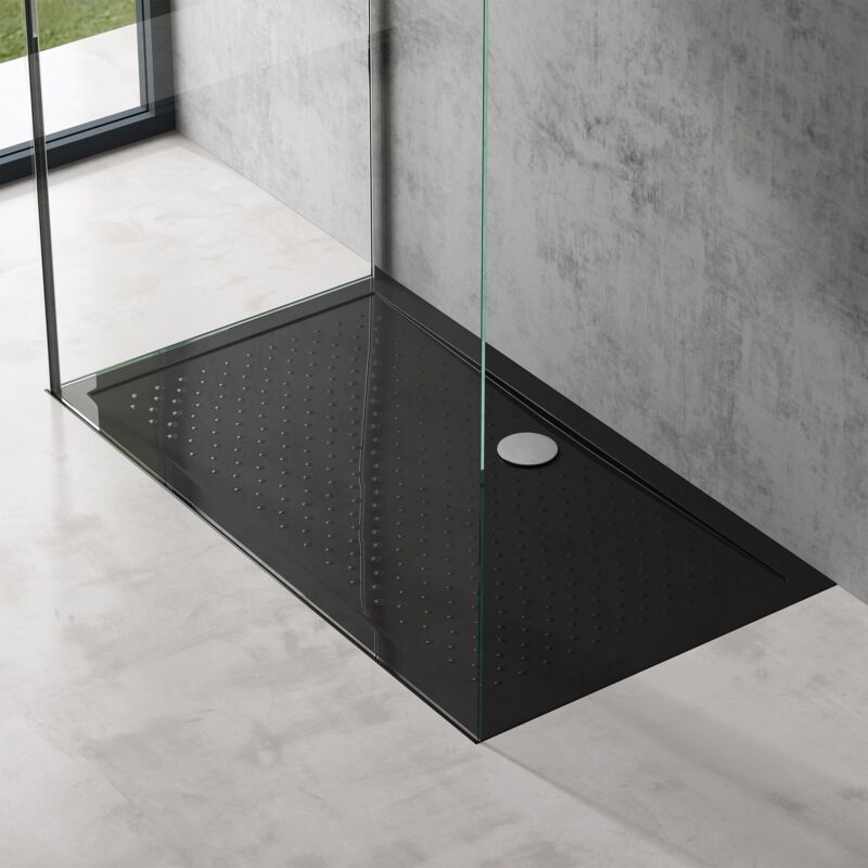 foto del prodotto piatto doccia rettangolare in acrilico h 4 cm superficie puntinata antiscivolo mod.lucia02ar nero lucido 80x140 cm doporro
