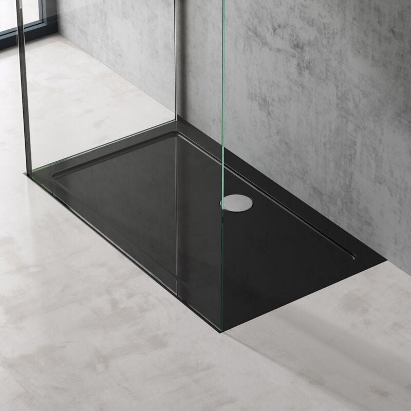 foto del prodotto piatto doccia rettangolare in acrilico rinforzato, ultra slim 4 cm, installazione da appoggio o filo pavimento, nero lucido 70x120 cm faro2