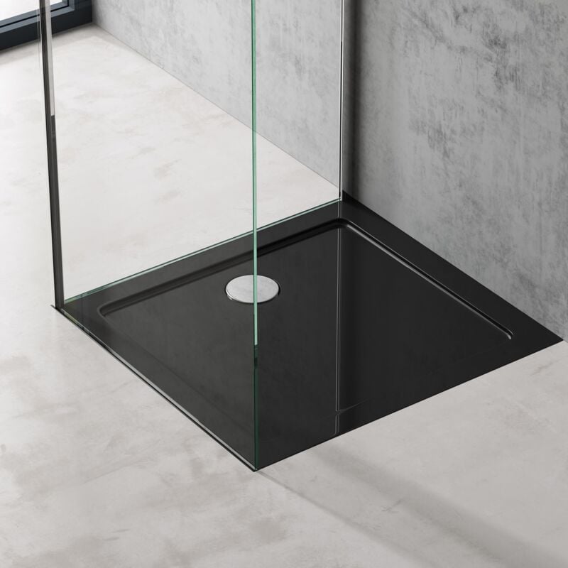 foto del prodotto piatto doccia rettangolare in acrilico rinforzato, ultra slim 4 cm, installazione da appoggio o filo pavimento, nero lucido 75x80 cm faro2 doporro