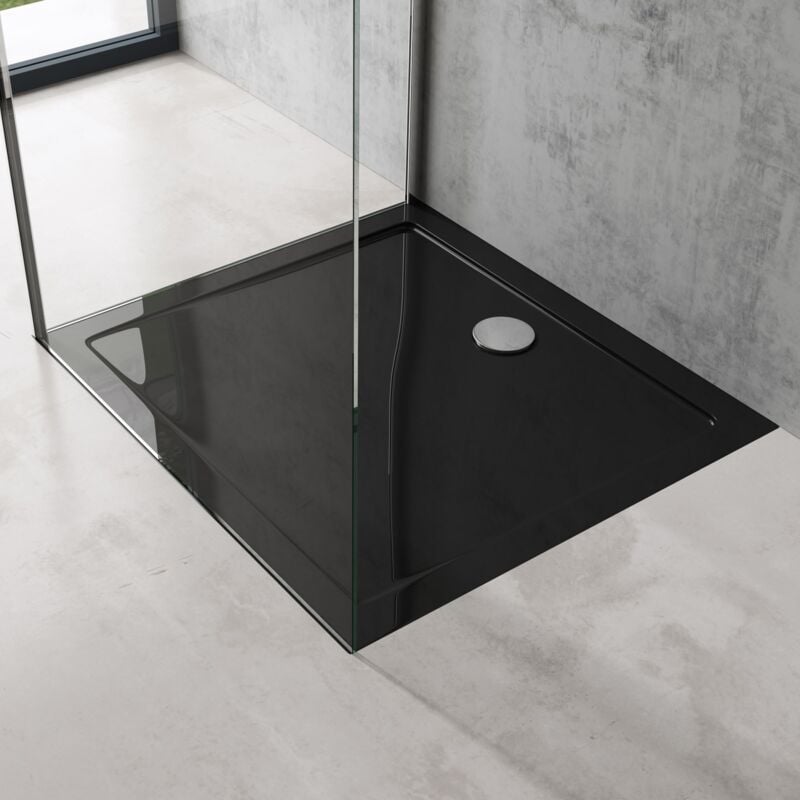 foto del prodotto piatto doccia rettangolare in acrilico rinforzato, ultra slim 4 cm, installazione da appoggio o filo pavimento, nero lucido 90x100 cm faro2