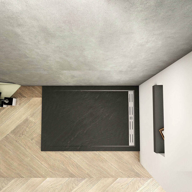 foto del prodotto piatto doccia rettangolare ultra sottile 3cm in pietra vulcanica e resina mista finitura pietra nera ruvida con scarico piletta 90x70 cm