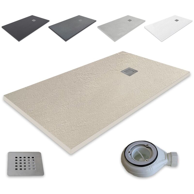 foto del prodotto piatto doccia ultrasottile in resina outletaseo antiscivolo con texture ardesia 160x80 cm, beige 1172 inclusa valvola di scarico griglia