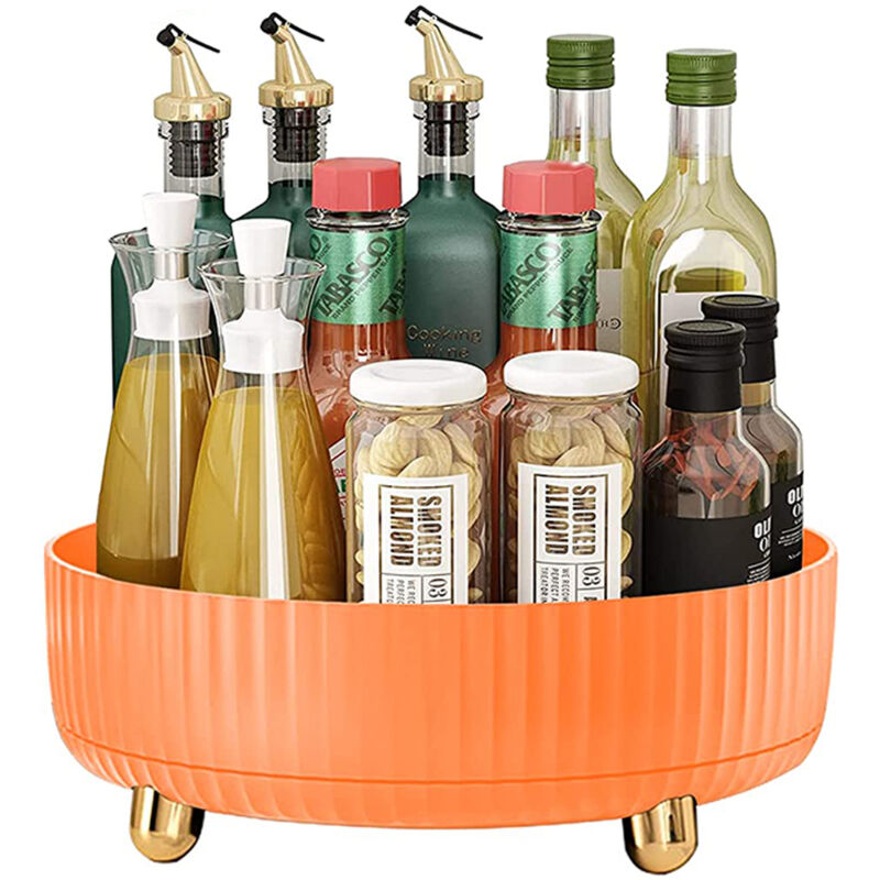 foto del prodotto piatto girevole portaspezie organizer, 360 vassoio cosmetico rotante, organizzatore vassoio di profumo per armadi, bagno arancio