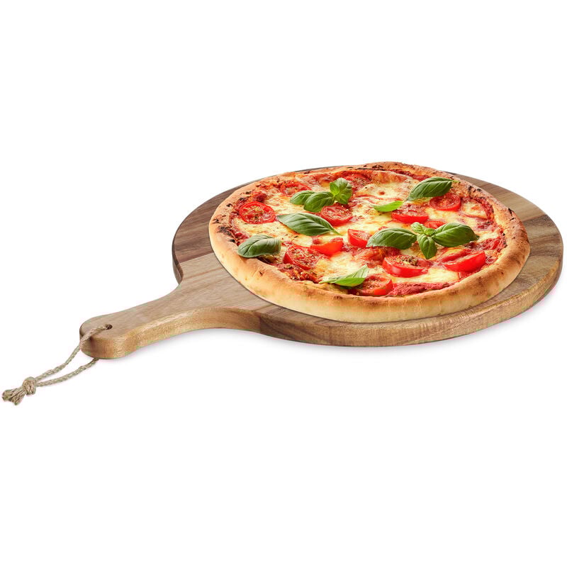foto del prodotto piatto per pizza con manico, 35,5 cm, tagliere rotondo in legno di acacia per formaggi e aperitivo, marrone relaxdays
