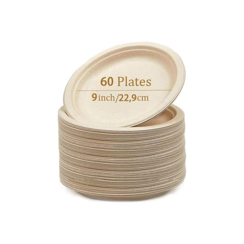 foto del prodotto piatto rigido monouso piatto cartone confezione da 60 ecologico e pratico 22,8cm 100 biodegradabile fibra fresca senza rivestimento, riciclabile,