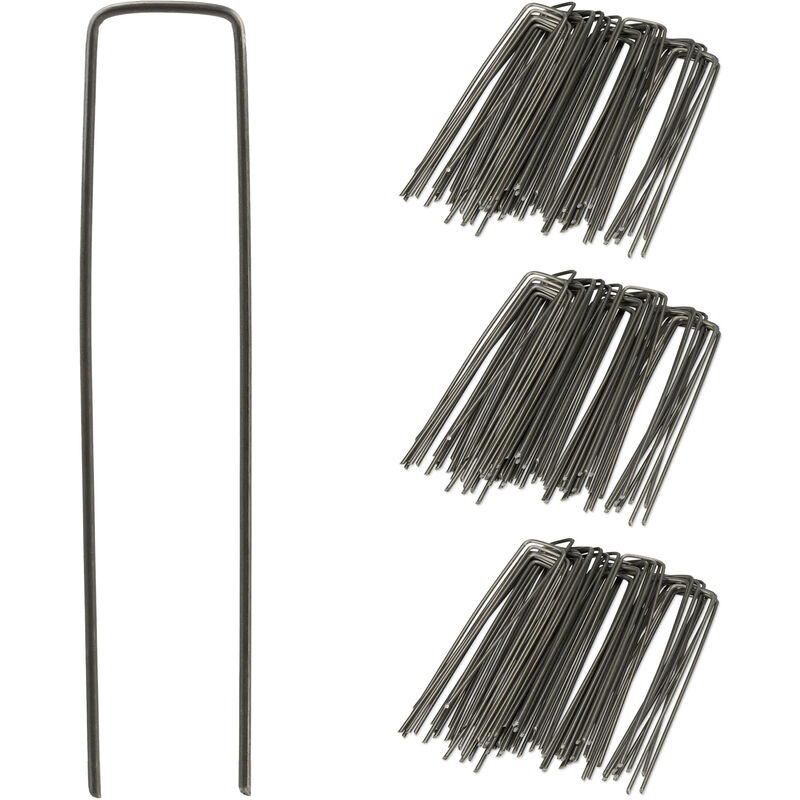 foto del prodotto picchetti a u, set 150 puntelli, l 15 cm, 2mm, chiodi per tende da campeggio e teli pacciamatura, antracite relaxdays