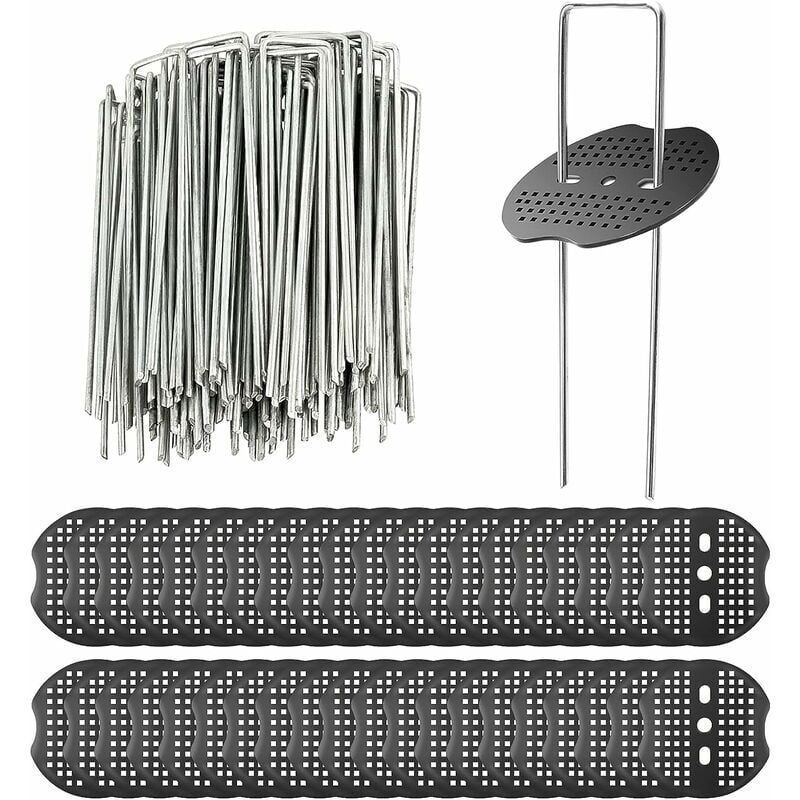 foto del prodotto picchetti da giardino a forma di u con rondelle, 150 x 3 mm, 40 pezzi per fissare il tessuto anti erbacce