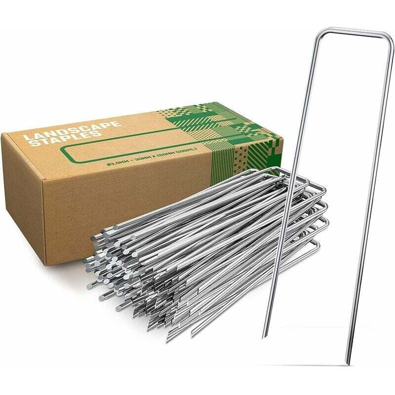 foto del prodotto picchetti da terra in acciaio zincato 50 pezzi robusti picchetti da terra per tessuti, maglie e reti anti erbacce lunghi 150 mm, larghi 30 mm,