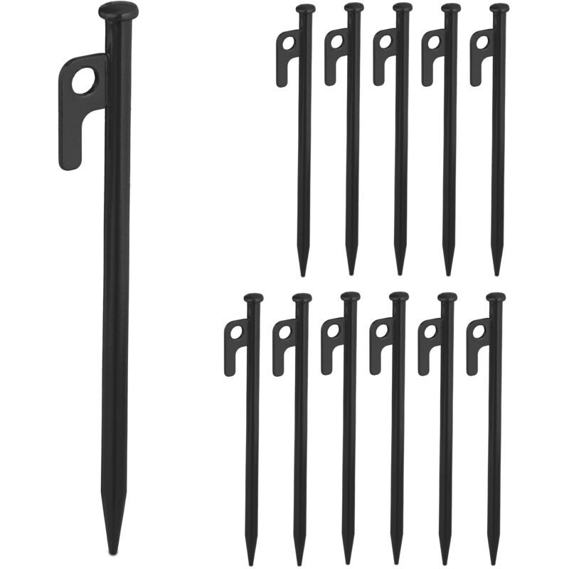 foto del prodotto picchetti per tenda da campeggio, set da 12, pioli ancoraggio su terreni duri, acciaio zincato, l 20 cm, nero relaxdays