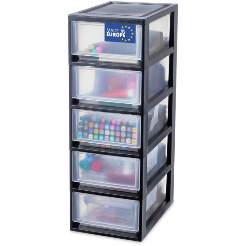 foto del prodotto piccolo cassetto portaoggetti, torre portaoggetti per ufficio, 7l, 5 cassetti, nero, compatto, resistente, impilabile, per bagno, piccolo fai da te,
