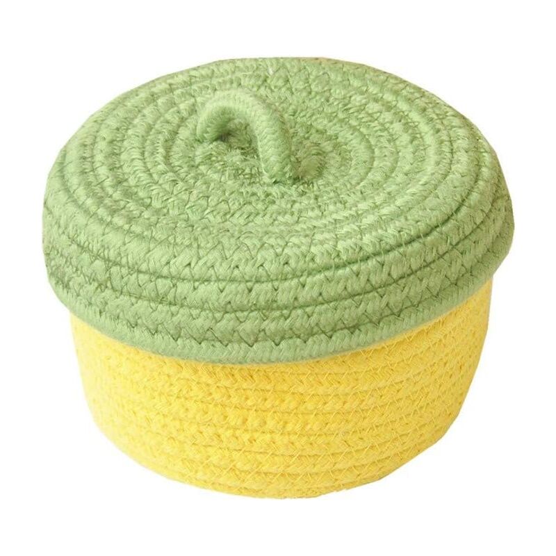 foto del prodotto piccolo cestino portaoggetti con coperchio in corda di cotone naturale, contenitore per la cameretta dei bambini, cestino per giocattoli per bambini