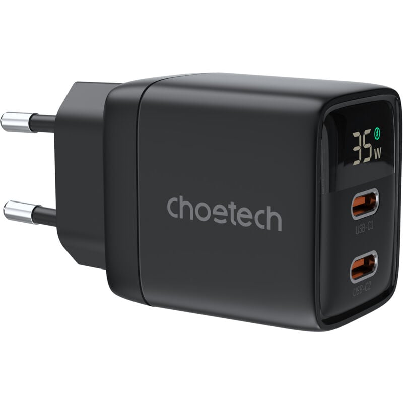 foto del prodotto piccolo e potente caricabatterie da parete gan 2x usb c pd 35w con display, nero