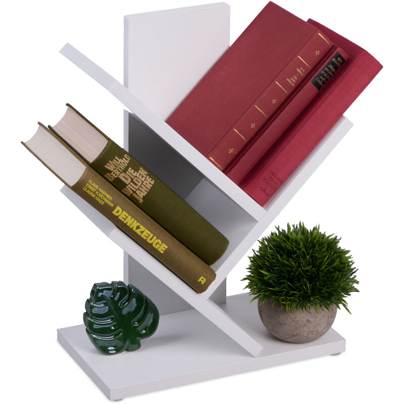 foto del prodotto piccolo scaffale libreria, mobile con 3 ripiani ad albero per libri, cd e dvd, hlp 40 x 30 x 16 cm, bianco relaxdays