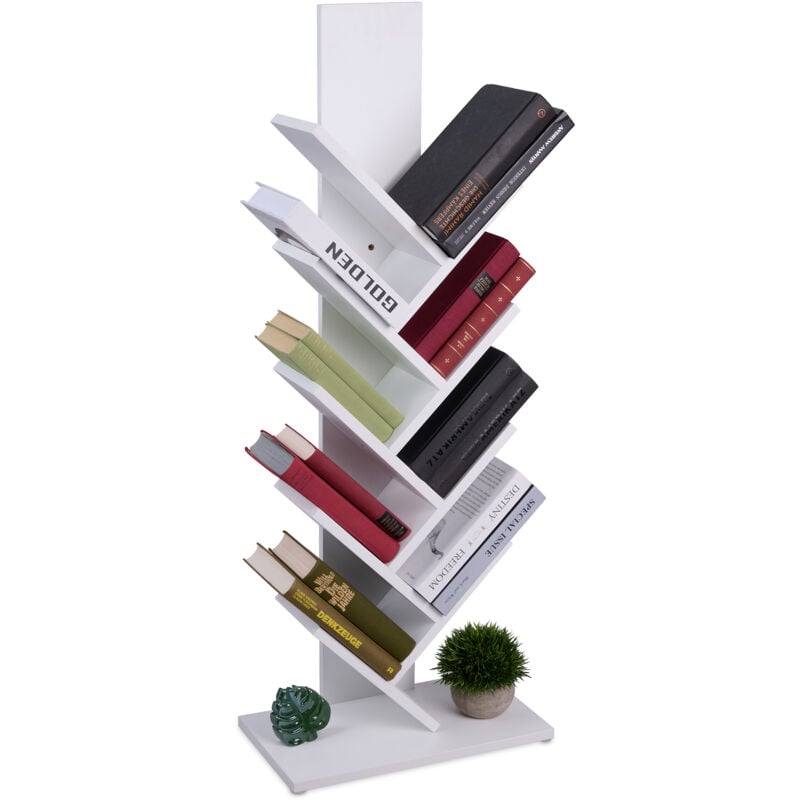 foto del prodotto piccolo scaffale libreria, mobile con 9 ripiani ad albero per libri, cd e dvd, hlp 102 x 40 x 21,5 cm, bianco relaxdays