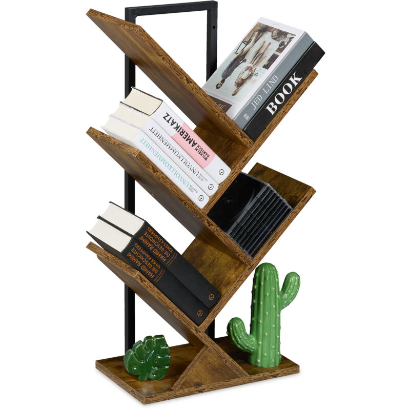 immagine 0 del prodotto piccolo scaffale libreria, mobile da terra con 4 ripiani ad albero per libri, cd e dvd, 71x40x21,5 cm, marrone relaxdays