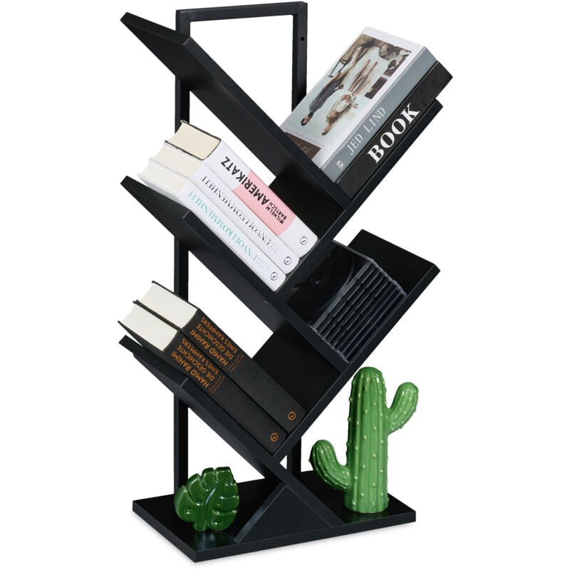 foto del prodotto piccolo scaffale libreria, mobile da terra con 4 ripiani ad albero per libri, cd e dvd, 71x40x21,5 cm, nero relaxdays