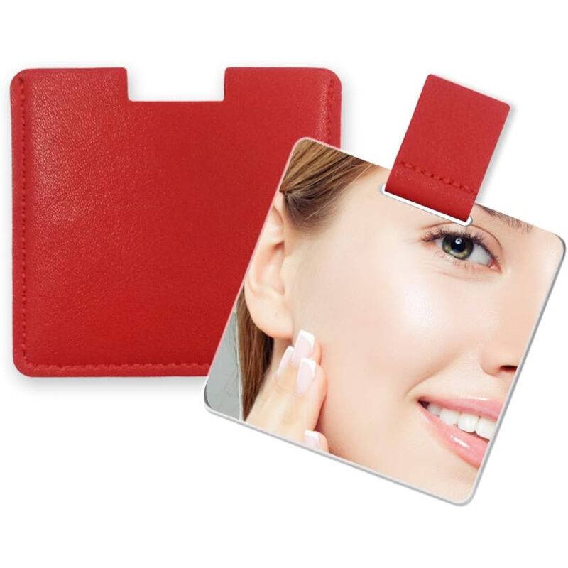 foto del prodotto piccolo specchio ultrasottile, in acciaio inossidabile infrangibile, con custodia in pelle pu, facile da trasportare. pu essere utilizzato come
