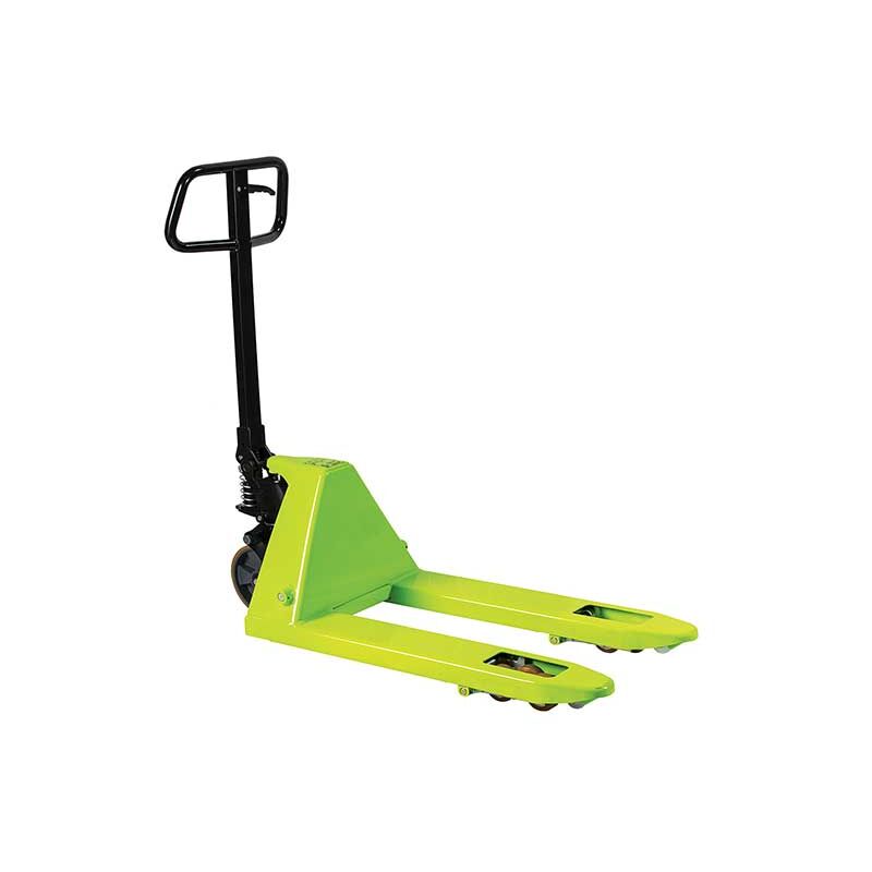 foto del prodotto piccolo transpallet manuale verde con forche corte 800x400 mm 2,5 t ideale per merci fragili, abbassamento antiurto teb00avy100