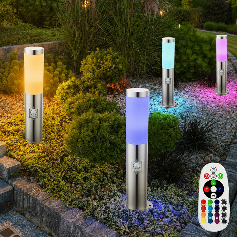 foto del prodotto piedistallo e27 lampada da terra da giardino luce esterna rilevatore di movimento, telecomando dimmerabile memoria ip44, acciaio inox 1x rgb led 8.5w
