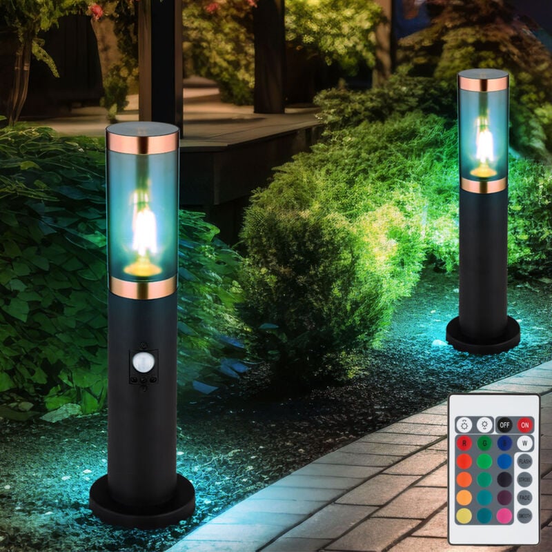 foto del prodotto piedistallo luminoso dimmerabile con telecomando lampione led lampada terra per esterni con rilevatore movimento, cambio colore rgb, plastica acciaio