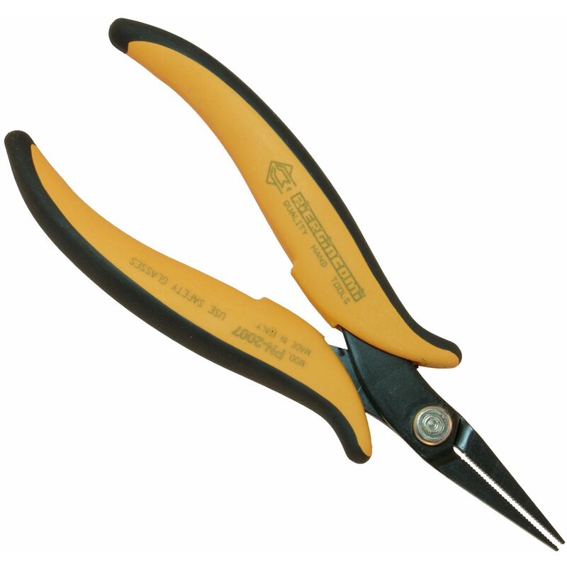 foto del prodotto piergiacomi pn2007 pinza lunga con becchi piatti zigrinati, testa media adatta alla presa di componenti in aree difficilmente accessibili