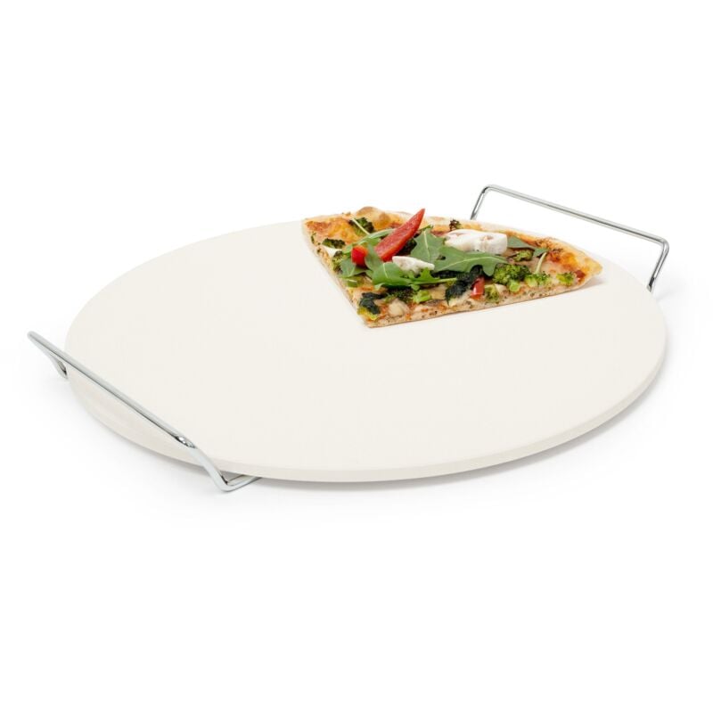 foto del prodotto pietra refrattaria per pizza, vassoio in cordierite, ollare, 33 cm, manici in metallo, forno, cucina, beige relaxdays