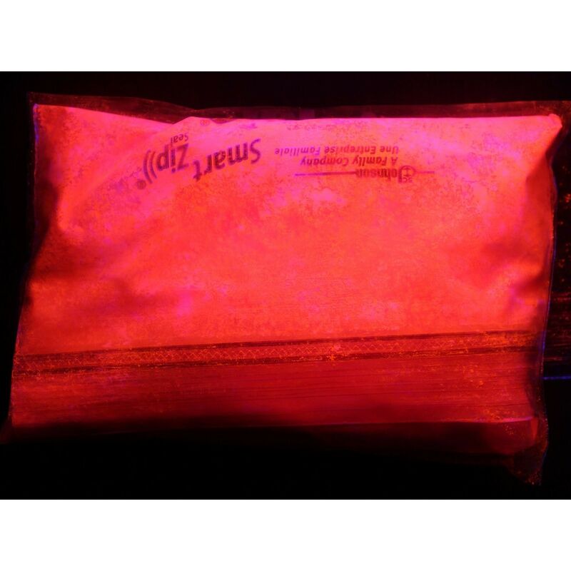 foto del prodotto pigmento additivo polvere luminescente fluorescente si illumina al buio 5 colori a base colorata colore rosso fluo, peso 20 grammi