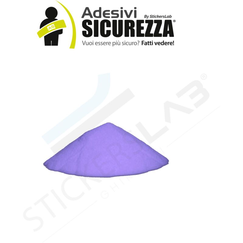 foto del prodotto pigmento additivo polvere luminescente fosforescente si illumina al buio a base bianca colore viola, peso 50 grammi