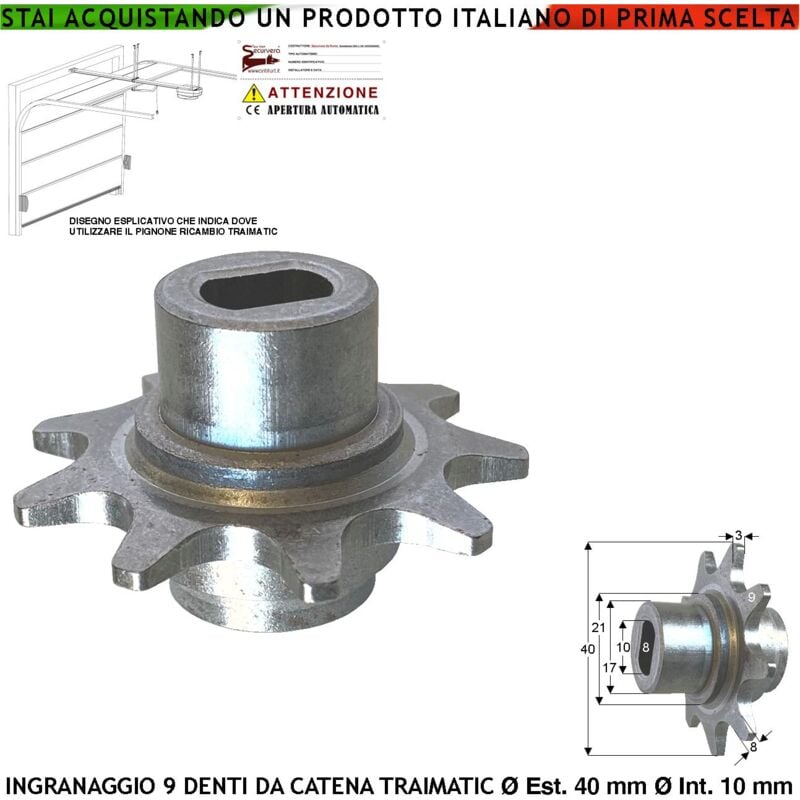 foto del prodotto pignone ingranaggio esterno 9 denti in acciaio ricambio del motore traimatic 122019 2 rocchetto calettato dell albero motoriduttore che traina la