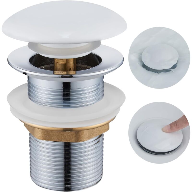 foto del prodotto piletta antitrabocco per lavabo, tappo a scomparsa con coperchio in ceramica, scarico universale g1 1 4 per lavandini e wc, bianco
