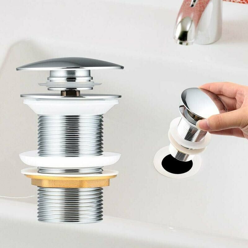 foto del prodotto piletta di scarico automatica per lavandino senza troppopieno, tappo di scarico push open per lavabo in rame cromato per lavabo senza troppopieno