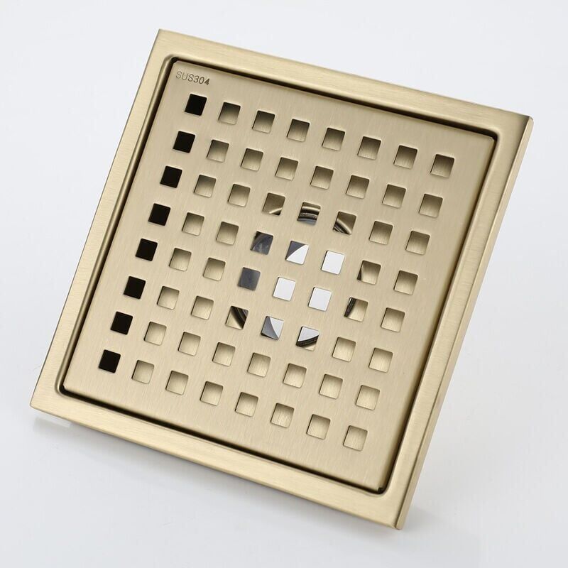foto del prodotto piletta di scarico per doccia quadrata in acciaio inox dorato da 15 x 15 cm. piletta di scarico a pavimento con coperchio, anima deodorante in