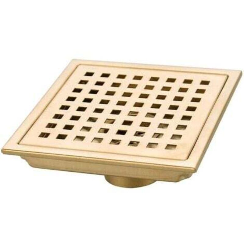 foto del prodotto piletta di scarico per doccia quadrata in oro spazzolato, griglia per scarico cucina in acciaio inox 304, scarico ad alta portata 150 mm