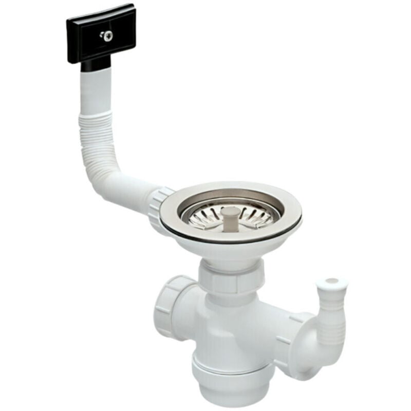 foto del prodotto piletta per lavello in acciaio inox 1 vasca 90, scarico 113, sifone salvaspazio extrapiatto, troppopieno rettangolare