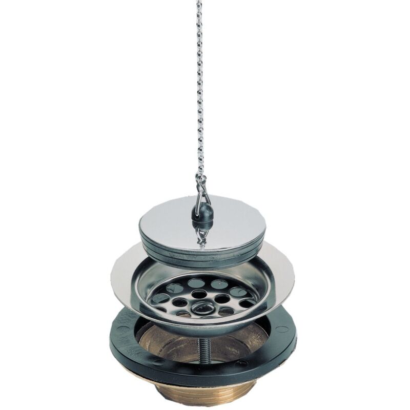 foto del prodotto piletta per lavello in ottone con griglia in acciaio inox, tappo e catena 84 - foro da 60 mm