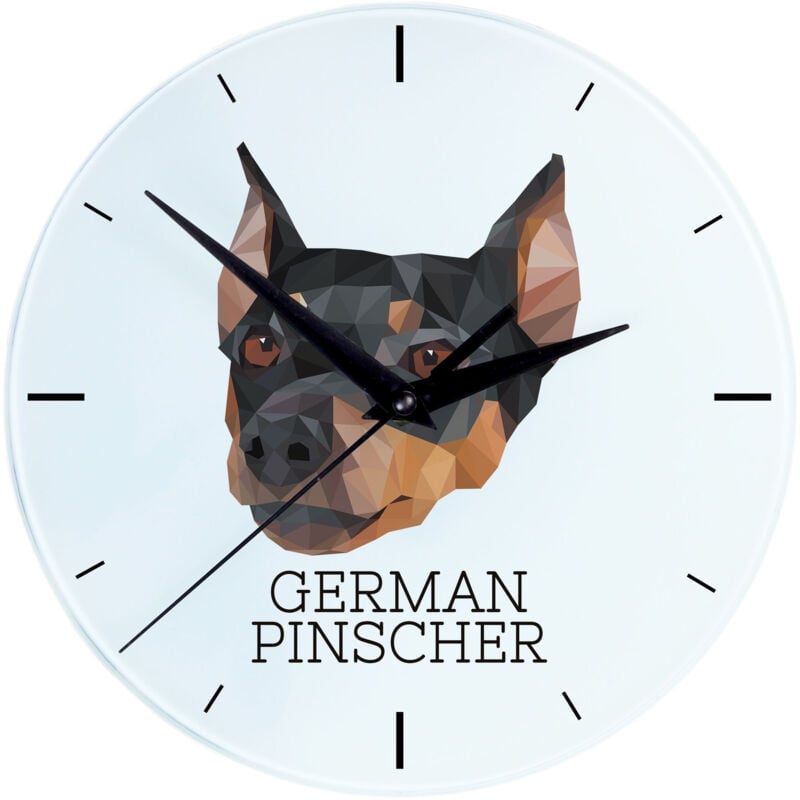 foto del prodotto pinscher tedesco, pinscher tedesco - orologio da parete geometrico con una foto e una scritta di art-dog