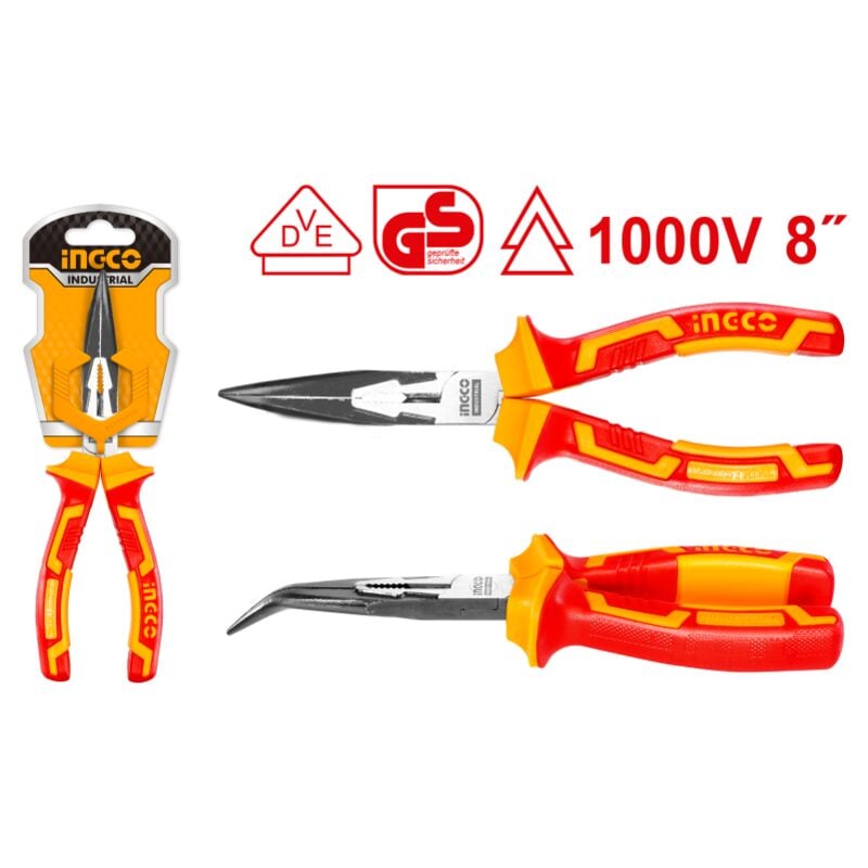 foto del prodotto pinza a becco curvo tronchese elettricista 1000v protezione isolata ingco 180 mm