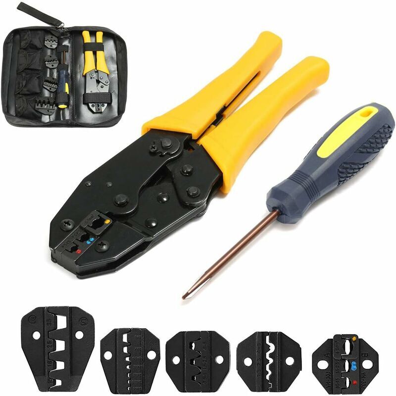 foto del prodotto pinza a crimpare con ganasce intercambiabili per capicorda elettrici isolati e non isolati, confezionamento sacchetti oxford, un set