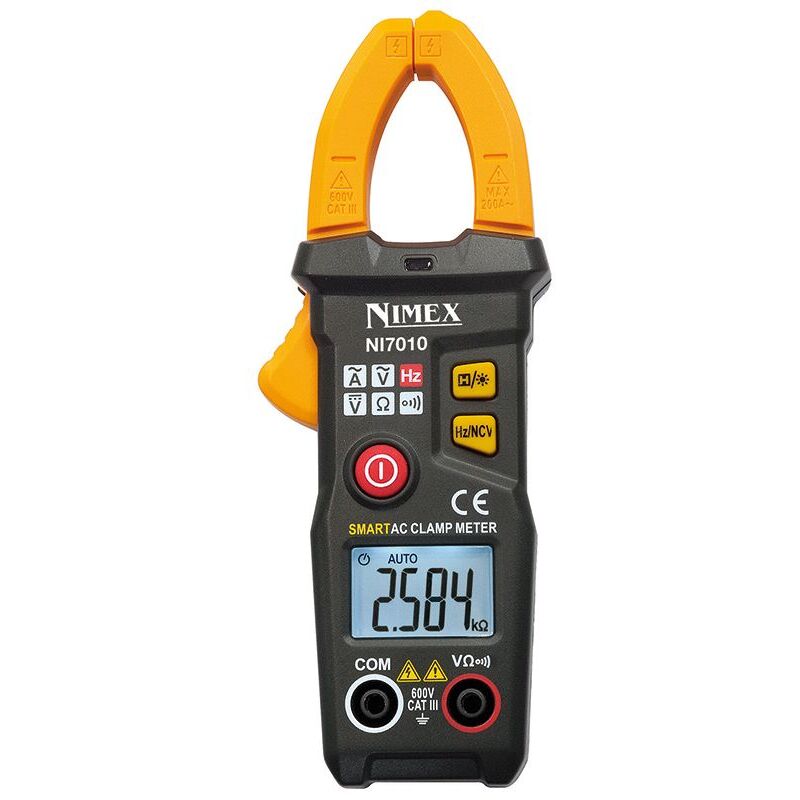 foto del prodotto pinza amperometrica autorange 3,5 digit nimex ni7010 cat iii 600v funzioni tensione dc, tensione ac, corrente ac, resistenza, frequenza, non