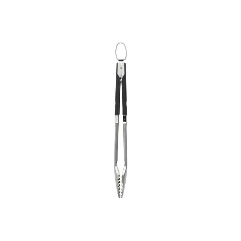 foto del prodotto pinza bbq, pinza black outdoor kitchen per grigliate in acciaio inossidabile con meccanismo di posa, manico ergonomico in plastica nera, pinza per