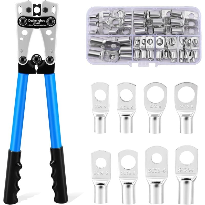 foto del prodotto pinza crimpatrice per cavi batteria 6 50 mm 10 1 awg con 60 capicorda in rame, 8 misure, strumento per crimpatura di terminali per cavi batteria