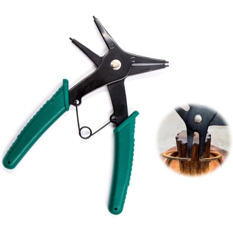 foto del prodotto pinza per anelli elastici 2 in 1 per anelli elastici, strumento di rimozione per riavvolgimento doppio uso interno ed esterno, verde e nero