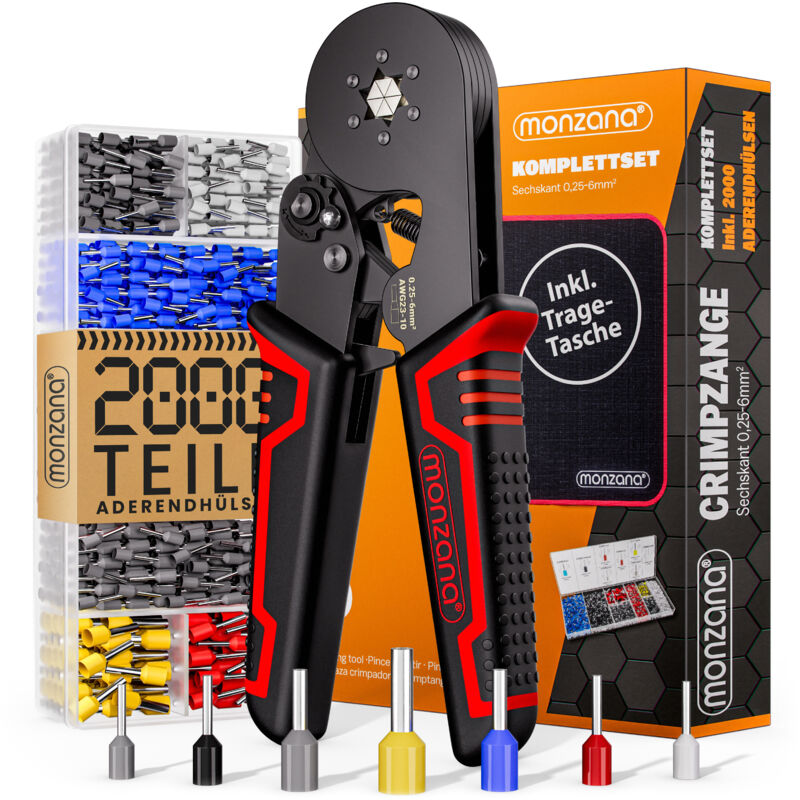 foto del prodotto pinza per crimpare esagonale 0,25 6mm set di ghiere 2000 pz. contenitore in plastica incl. custodia per il trasporto monzana