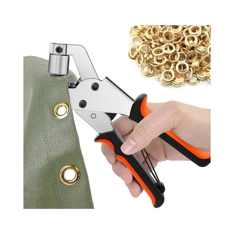foto del prodotto pinza per occhielli per teloni, confezione da 300 occhielli 10 mm , pinza portatile per occhielli per tessuti, teloni, pelle