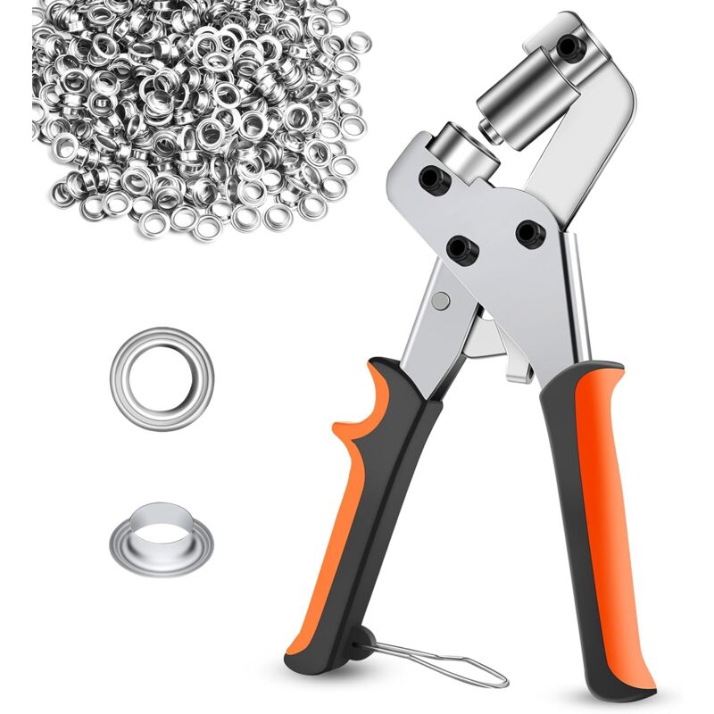 foto del prodotto pinza per occhielli, pinza per occhielli con 520 occhielli da 10 mm, pinza per occhielli per teloni, tessuti, pelle, cartone, poster, striscioni,