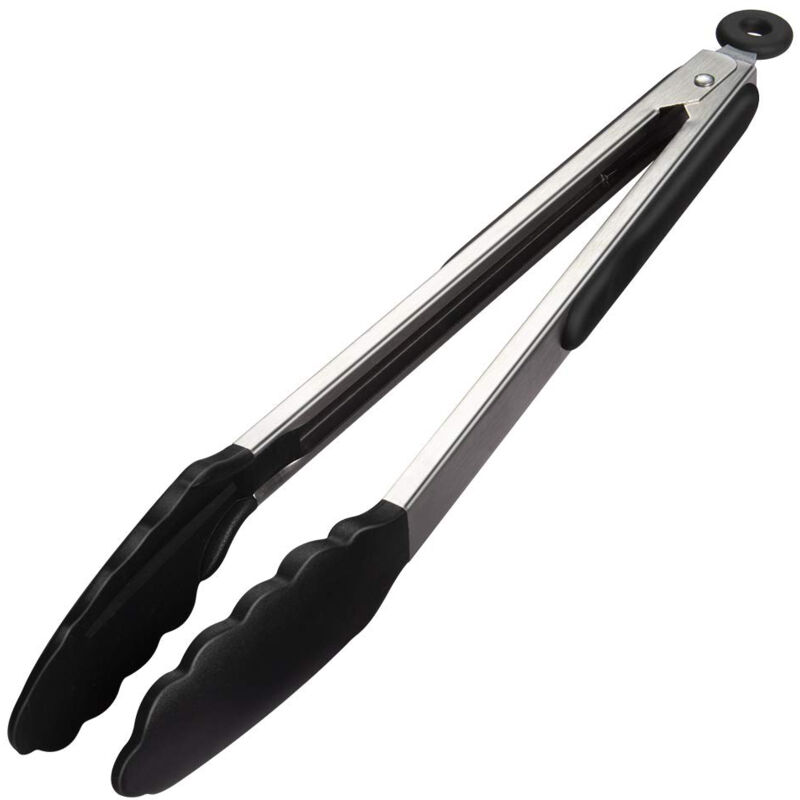 foto del prodotto pinze da cucina professionali, pinze per barbecue in acciaio inossidabile e silicone alimentare, resistenti al calore 30 cm, nere