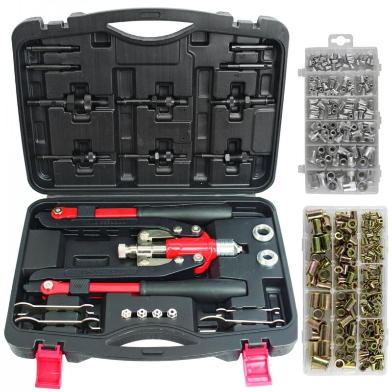 foto del prodotto pinze per rivetti e inserti assortimento di 235 inserti in acciaio e 150 in alluminio